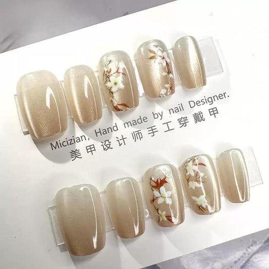 Golden Blossom Press On Nails  Elegant Nude with Floral Accents