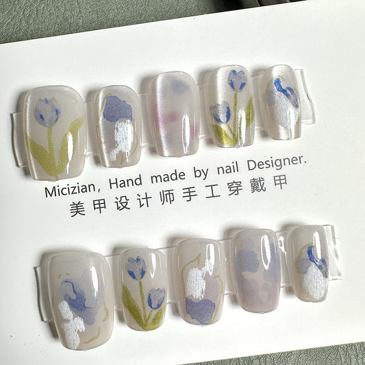 Ethereal Bloom Press On Nails - Handcrafted Floral Elegance