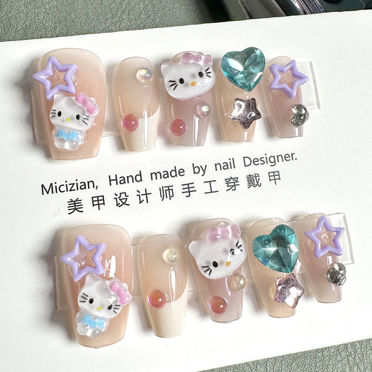 Dreamy Kawaii Fantasy: 3D Pastel Kitty & Sparkling Star Nail Set for a Cute Aesthetic